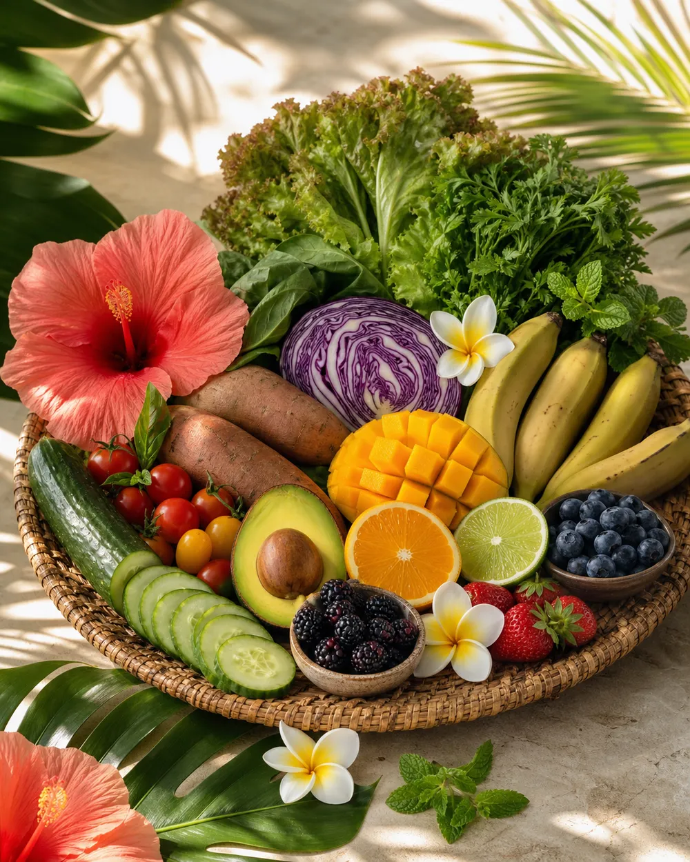 Tropical fruits, vegetables and greens on a woven tray with real flowers