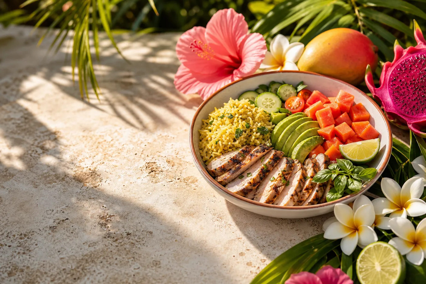 Colorful meal surrounded by hibiscus, frangipani, tropical fruit and leaves